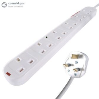 2m 6 Way Surge Protected Power Extension Block - UK Plug to 6 x UK Sockets - White